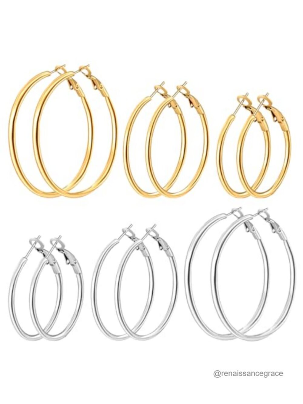 14K Gold Plated Stainless Steel Hoop Earrings Set 30mm 40mm 50mm Click-Top